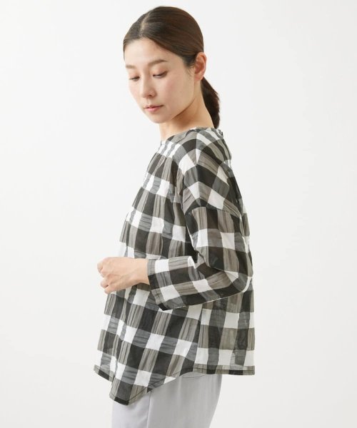 [洗える]塩縮ブロックチェックプルオーバーブラウス 