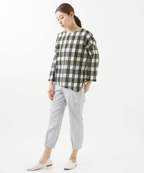 [洗える]塩縮ブロックチェックプルオーバーブラウス 
