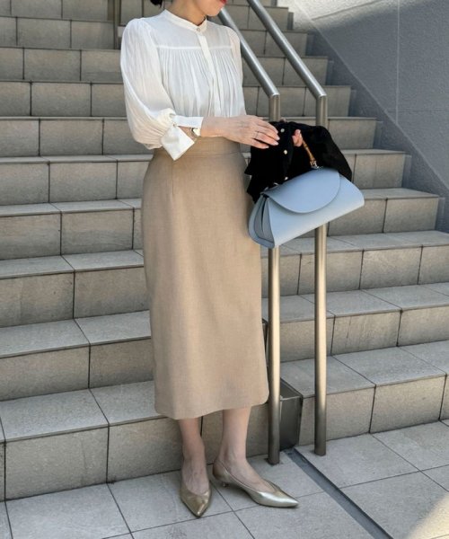 《セットアップ対応》ウォッシャブル麻調タイトミディスカート 