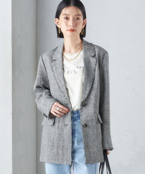 〈手洗い可能〉チェック / 無地 フリンジ ボクシー ジャケット 無地