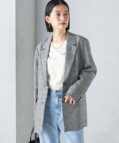 〈手洗い可能〉チェック / 無地 フリンジ ボクシー ジャケット 無地