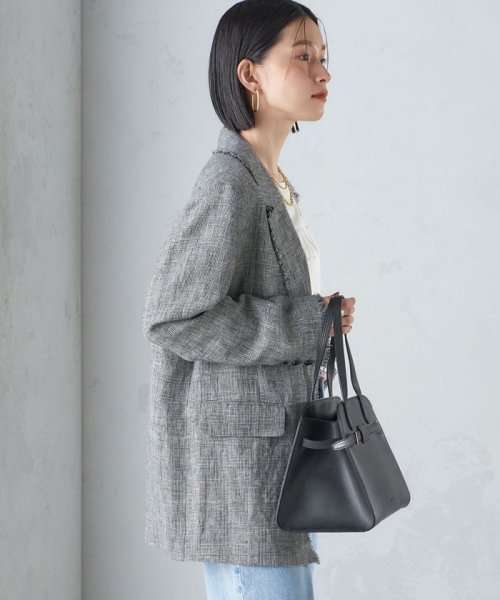 〈手洗い可能〉チェック / 無地 フリンジ ボクシー ジャケット 無地