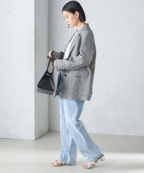 〈手洗い可能〉チェック / 無地 フリンジ ボクシー ジャケット 無地