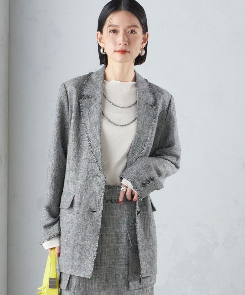 〈手洗い可能〉チェック / 無地 フリンジ ボクシー ジャケット 無地