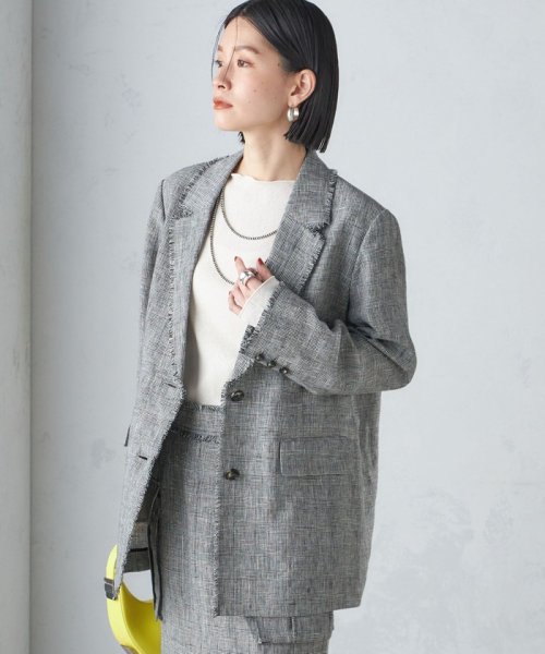 〈手洗い可能〉チェック / 無地 フリンジ ボクシー ジャケット 無地