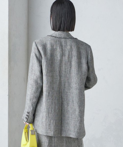 〈手洗い可能〉チェック / 無地 フリンジ ボクシー ジャケット 無地