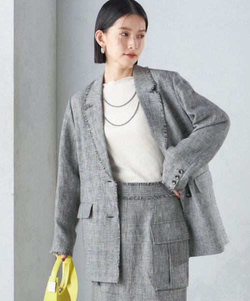 〈手洗い可能〉チェック / 無地 フリンジ ボクシー ジャケット 無地