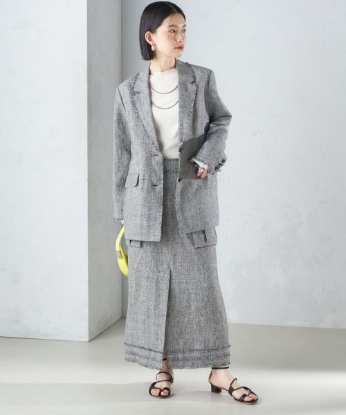 〈手洗い可能〉チェック / 無地 フリンジ ボクシー ジャケット 無地