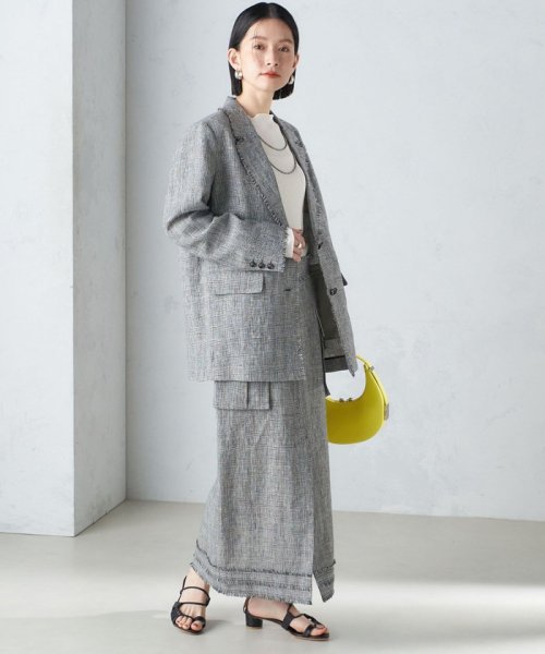 〈手洗い可能〉チェック / 無地 フリンジ ボクシー ジャケット 無地