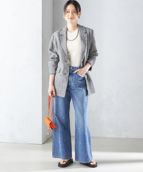 〈手洗い可能〉チェック / 無地 フリンジ ボクシー ジャケット 無地