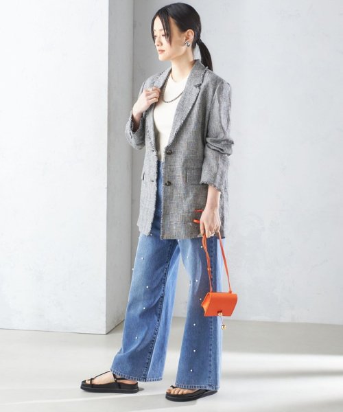 〈手洗い可能〉チェック / 無地 フリンジ ボクシー ジャケット 無地