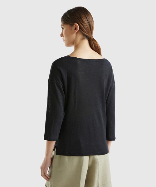 BENETTON (women)(ベネトン（レディース）)/リネン100%ボートネック7分袖ドロップショルダーTシャツ・カットソー/img01