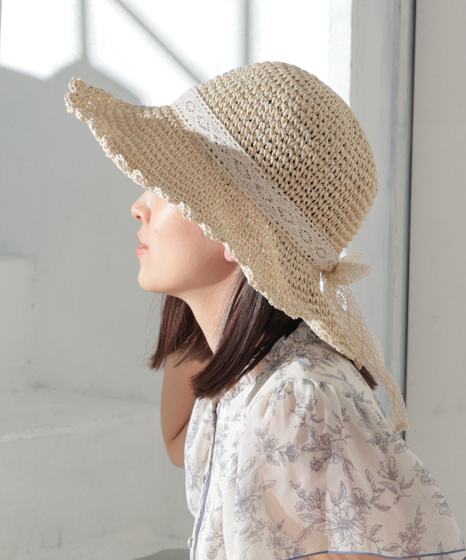 リボン付き 麦わら帽子 アイボリー