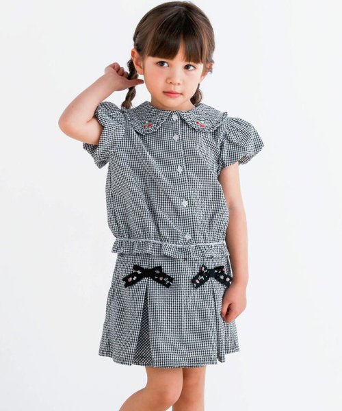 セール】【お揃い】イチゴプリント総柄ギンガムチェックパフスリーブ  