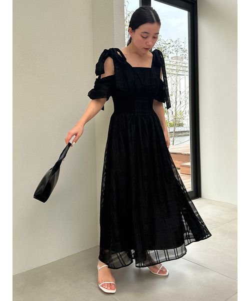 リボンショルダーウエストリブワンピース 予めご了承ください