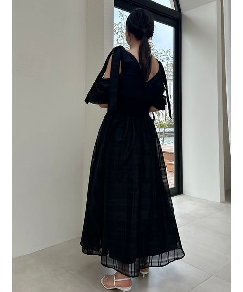 リボンショルダーウエストリブワンピース 予めご了承ください