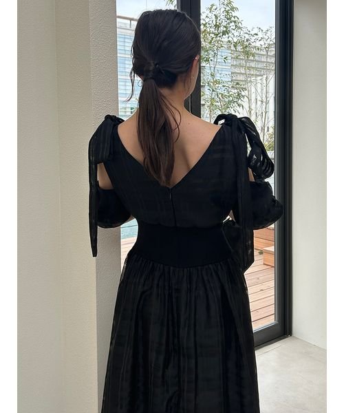 リボンショルダーウエストリブワンピース 予めご了承ください