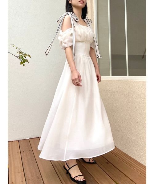 リボンショルダーウエストリブワンピース 予めご了承ください