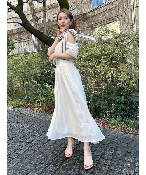 リボンショルダーウエストリブワンピース 予めご了承ください