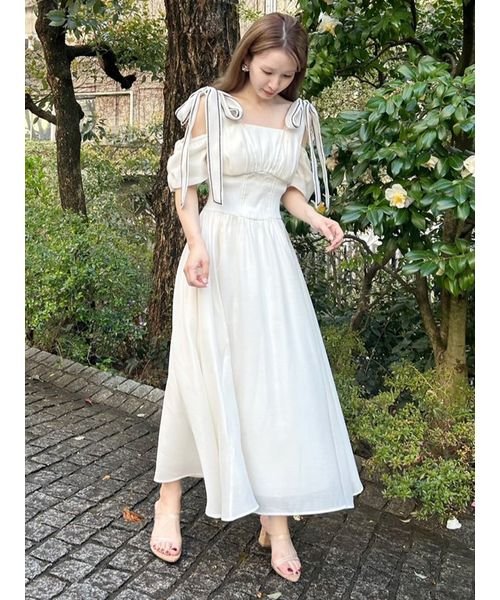 リボンショルダーウエストリブワンピース 予めご了承ください