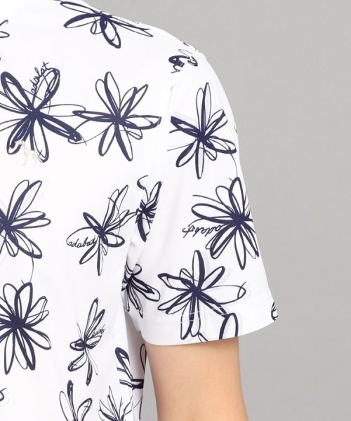 【UVカット/防透け】ラインフラワー柄 半袖ポロシャツ 
