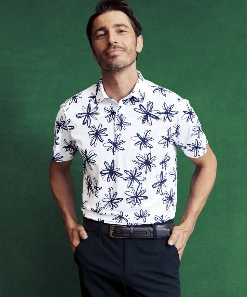 【UVカット/防透け】ラインフラワー柄 半袖ポロシャツ 