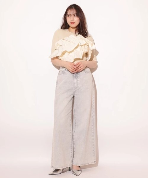 5分袖アシメフリルニット 予めご了承ください