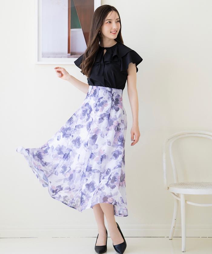 オリジナル水彩ぼかしフラワーフレアスカート 商品説明【華やかさの中