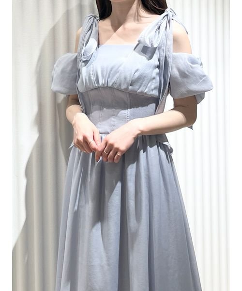 リボンショルダーウエストリブワンピース 予めご了承ください