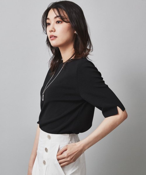 【清涼感／5分袖】袖スリット　ハイゲージプルオーバーニット 