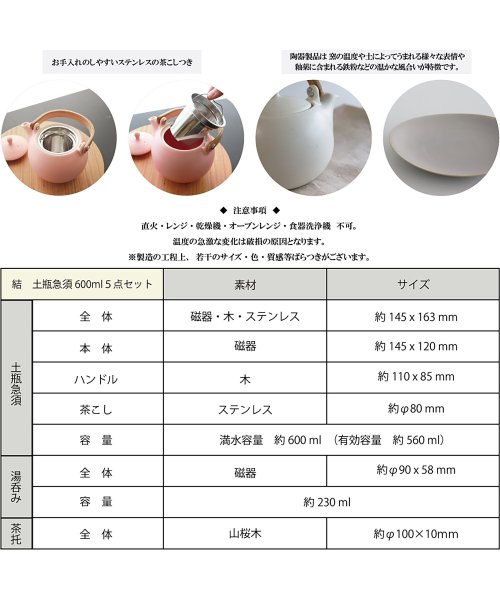 SALIU(サリュウ)/SALIU サリュウ 急須 結 土瓶急須 湯呑み 茶敷 5点セット 茶器 330ml 茶こし付き 磁器 美濃焼 日本製 お茶 YUI 結 ピンク 3073/img05