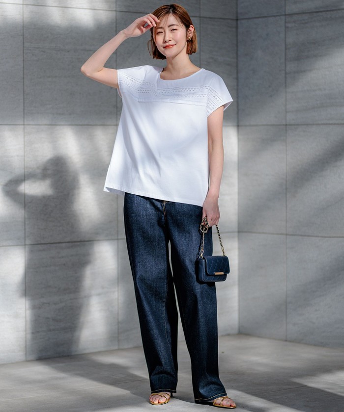 tシャツ 「洗える」アイレットジャージー フレンチスリーブ カットソー レディース 23区 tシャツ 「洗える」アイレットジャージー フレンチスリーブ