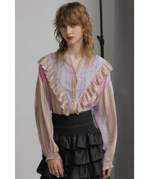 マルチカラーストライプ パネルフリルシャツ 