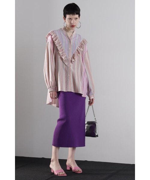 マルチカラーストライプ パネルフリルシャツ 