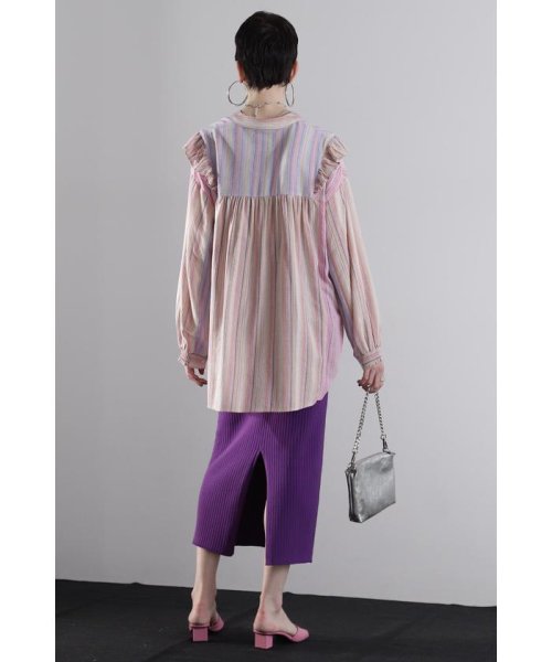 マルチカラーストライプ パネルフリルシャツ 