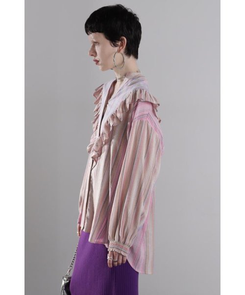 マルチカラーストライプ パネルフリルシャツ 