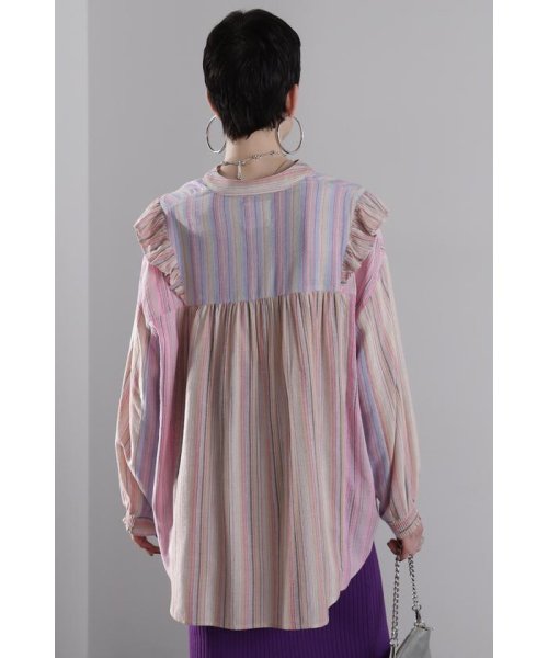 マルチカラーストライプ パネルフリルシャツ 
