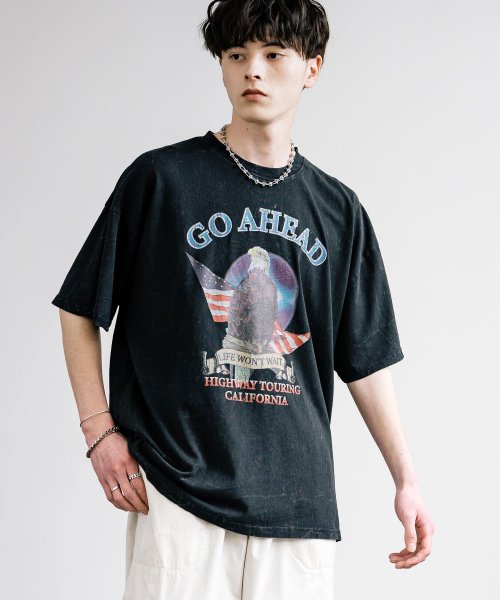 Rocky Monroe(ロッキーモンロー)/プリントTシャツ 半袖 バンドT メンズ レディース カットソー ビッグシルエット オーバーサイズ クールネック ピグメント加工 ケミカル加工 イーグル バイク/img02