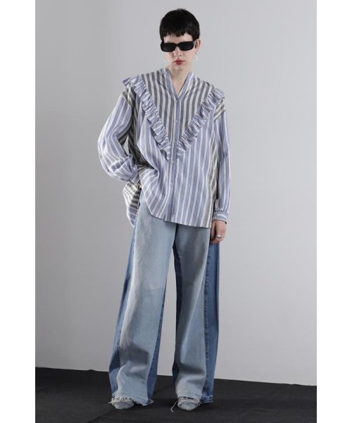 マルチカラーストライプ パネルフリルシャツ 