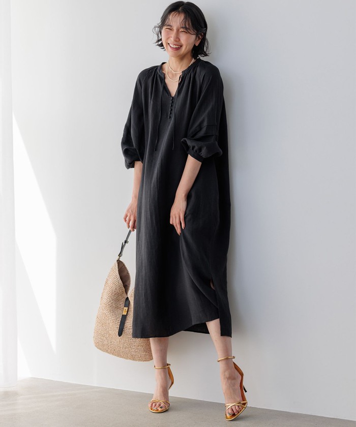 美品 23区 LIBECO リネン カフタンワンピース ブラック M 洗える 麻 洗える】LIBECO カフタン ワンピース(506098346)｜阪急百貨店