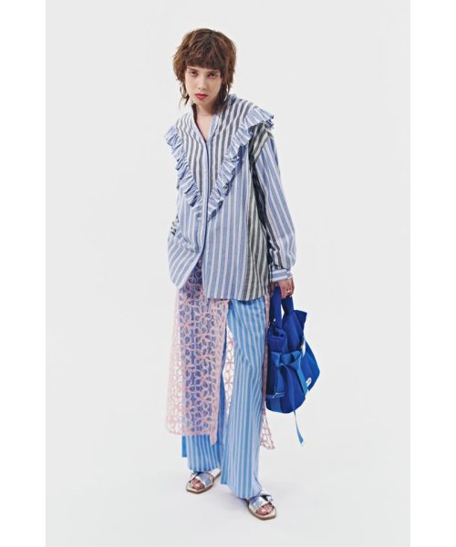 マルチカラーストライプ パネルフリルシャツ 