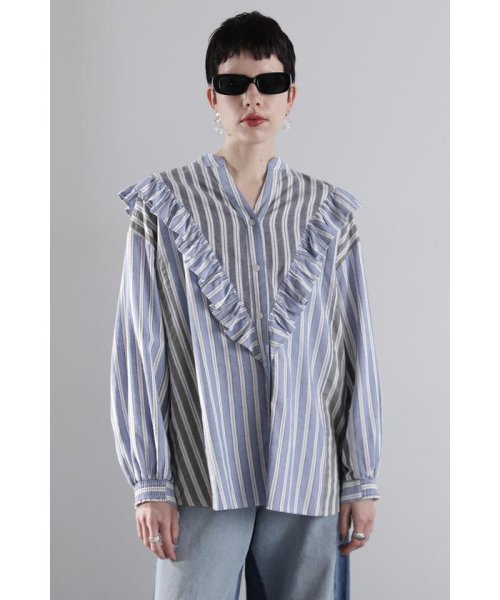 マルチカラーストライプ パネルフリルシャツ 