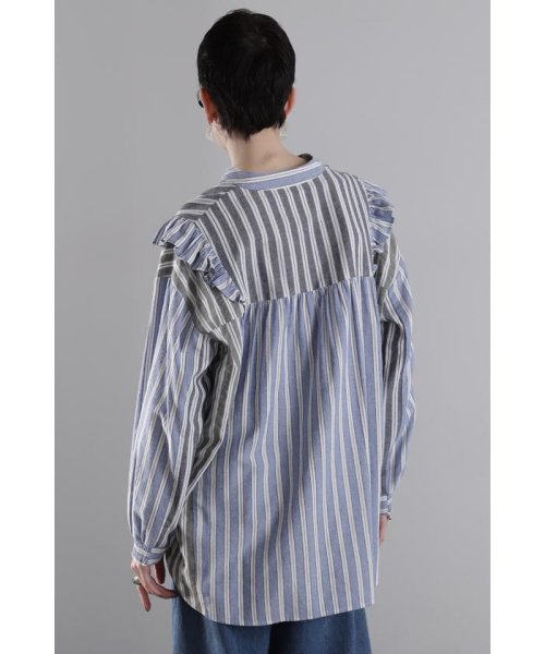 マルチカラーストライプ パネルフリルシャツ 
