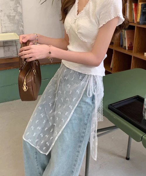 セール】リボン柄レース レイヤードラップスカート ma 【即納】 巻き  