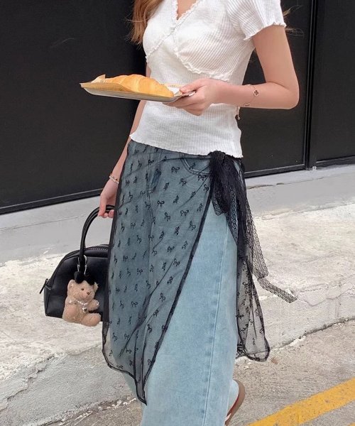 セール】リボン柄レース レイヤードラップスカート ma 【即納】 巻き  