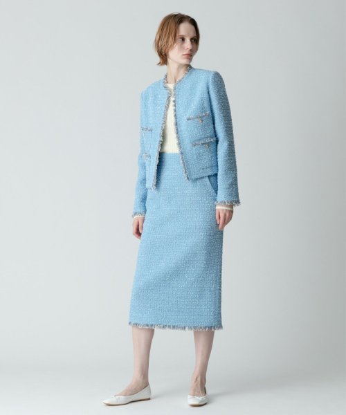 【セットアップ対応商品】ジオリカラメツイードハイウエストタイトスカート こちらの商品はボトムス単品でのお届けになります フィッティングモデル 詳細画像 172cm B82 W66 H92　着用サイズ：02