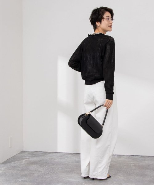 《手洗い可能》透かし編みフリルVネックカーディガン 