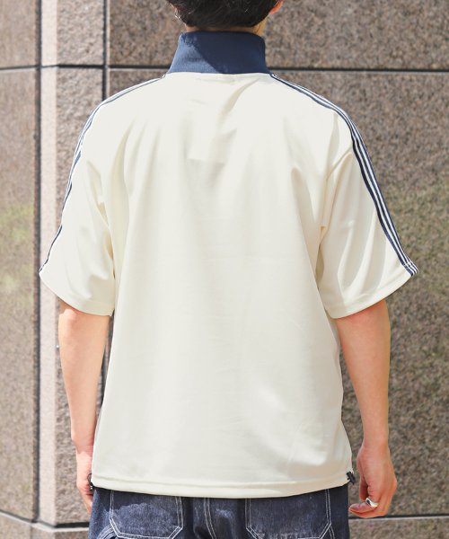 LUXSTYLE(ラグスタイル)/ポンチ半袖ハーフジップTシャツ/Tシャツ メンズ 半袖 ハーフジップ ZIP ポンチ ライン 配色 刺繍 ハチ/img01