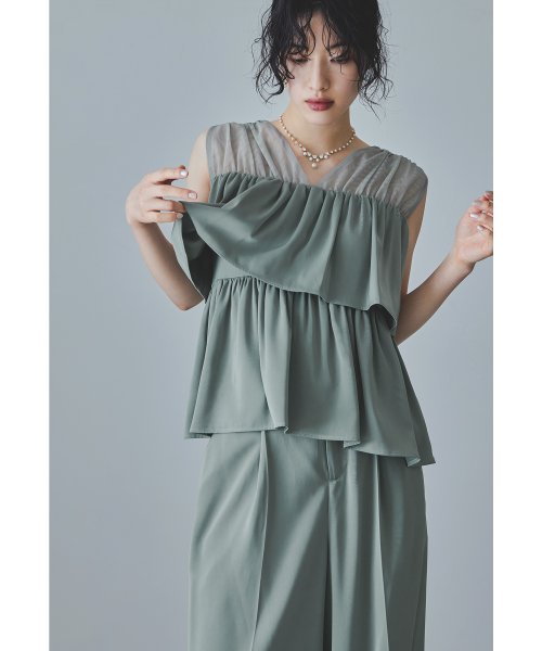 niana ニアナ フリルブラウス&ワイドパンツセットドレス パーティードレス パンツドレス 結婚式 ノースリーブ 袖なし セパレート チュール Vネック 無地 5cm ニアナ