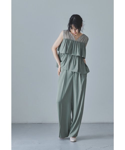 niana ニアナ フリルブラウス&ワイドパンツセットドレス パーティードレス パンツドレス 結婚式 ノースリーブ 袖なし セパレート チュール Vネック 無地 5cm ニアナ